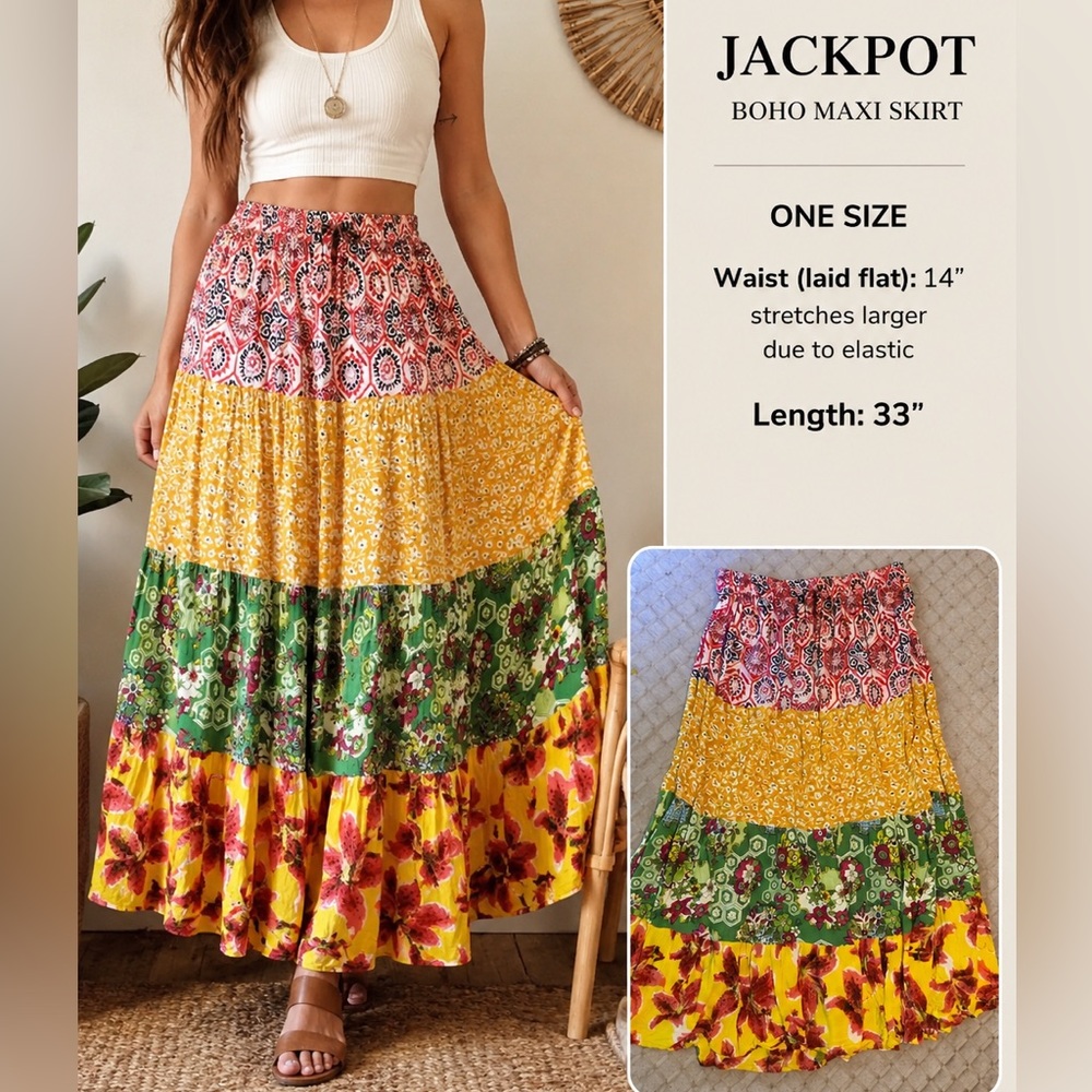 Jackpot Cottagecore Boho Patchwork Tiered Skirt Elastic Waist